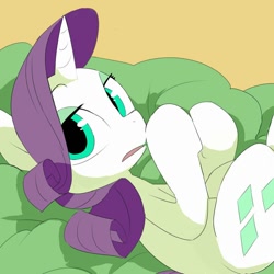 Size: 1000x1000 | Tagged: safe, artist:baigak, imported from derpibooru, rarity, pony, unicorn, cute, female, lidded eyes, looking at you, mare, on back, open mouth, raribetes, solo, tan background