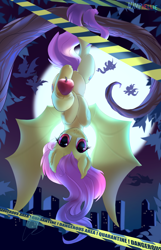 Size: 2066x3200 | Tagged: safe, artist:jumperkit, artist:nymphelie, imported from derpibooru, fluttershy, bat pony, pony, apple, bat ponified, cute, cute little fangs, fangs, female, flutterbat, food, looking at you, moon, night, race swap, smiling, solo, upside down