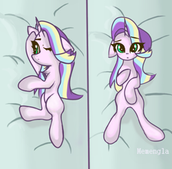 Size: 901x887 | Tagged: safe, artist:memengla, imported from derpibooru, oc, oc only, pony, unicorn, bed sheets, blushing, body pillow, body pillow design, chest fluff, female, floppy ears, mare, not starlight glimmer, on back, on side, side, solo