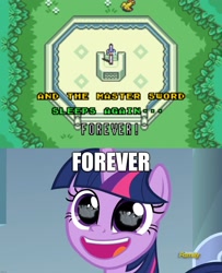 Size: 1920x2360 | Tagged: safe, edit, edited screencap, imported from derpibooru, screencap, twilight sparkle, alicorn, pony, sparkle's seven, crown, dialogue, female, forever, hard-won helm of the sibling supreme, link, mare, master sword, reflection, sword, text, the legend of zelda, the legend of zelda: a link to the past, twilight sparkle (alicorn), video game, video game reference, weapon, wide eyes