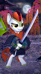 Size: 1080x1920 | Tagged: safe, artist:owlpirate, imported from derpibooru, autumn blaze, kirin, 3d, bipedal, full moon, katana, moon, pagoda, samurai, solo, source filmmaker, sword, weapon