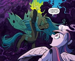 Size: 848x692 | Tagged: safe, artist:andypriceart, idw, imported from derpibooru, queen chrysalis, twilight sparkle, alicorn, changeling, changeling queen, pony, siege of the crystal empire, spoiler:comic35, comic panel, cropped, duo, female, implied king sombra, magic, magic aura, mare, official comic, raised hoof, smug, spread wings, twilight sparkle (alicorn), wings