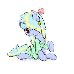 Size: 300x300 | Tagged: safe, artist:jerryenderby, imported from derpibooru, oc, oc:dreamy cyanstrings, pony, unicorn, bell, bow, clothes, cute, daaaaaaaaaaaw, dress, eye clipping through hair, female, green dress, hair bow, looking at you, mare, one eye closed, simple background, sketch, white background, wink, winking at you