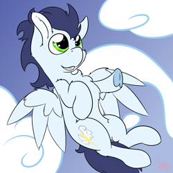 Size: 1889x1889 | Tagged: safe, artist:jubyskylines, imported from derpibooru, soarin', pegasus, pony, cheek fluff, chest fluff, cloud, cute, ear fluff, flying, gradient background, leg fluff, male, old cutie mark, sky, soarinbetes, solo, stallion, underhoof