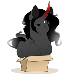 Size: 1000x1000 | Tagged: safe, artist:evehly, imported from derpibooru, king sombra, pony, unicorn, behaving like a cat, box, cardboard box, chipped horn, cute, ear fluff, horn, if i fits i sits, male, pony in a box, simple background, solo, sombradorable, stallion, white background