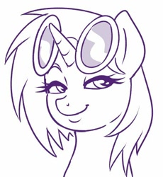 Size: 456x496 | Tagged: safe, artist:sorcerushorserus, imported from derpibooru, dj pon-3, vinyl scratch, pony, unicorn, bust, female, glasses off, lidded eyes, lineart, mare, monochrome, simple background, smug, solo, white background