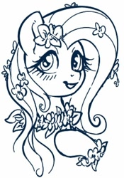 Size: 419x598 | Tagged: safe, artist:sorcerushorserus, imported from derpibooru, fluttershy, pegasus, pony, black and white, blushing, bust, female, flower, flower in hair, grayscale, lineart, mare, monochrome, simple background, solo, white background