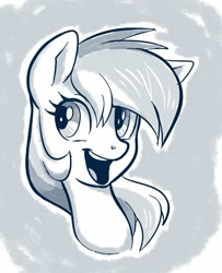 Size: 559x689 | Tagged: safe, artist:sorcerushorserus, imported from derpibooru, rainbow dash, pegasus, pony, bust, female, grayscale, happy, mare, monochrome, solo