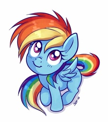 Size: 712x809 | Tagged: safe, artist:sorcerushorserus, imported from derpibooru, rainbow dash, pegasus, pony, blank flank, blushing, cute, dashabetes, female, filly, filly rainbow dash, looking up, simple background, sitting, smiling, solo, white background, younger