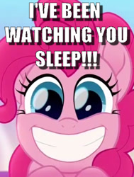 Size: 331x438 | Tagged: safe, edit, edited screencap, imported from derpibooru, screencap, pinkie pie, earth pony, pony, rainbow roadtrip, adoracreepy, caption, creepy, cropped, cute, female, image macro, looking at you, mare, meme, obsessed, solo, text