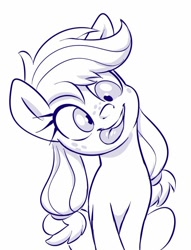 Size: 542x709 | Tagged: safe, artist:sorcerushorserus, imported from derpibooru, applejack, earth pony, pony, derp, female, filly, filly applejack, head tilt, monochrome, pigtails, silly, silly face, silly pony, simple background, sitting, solo, tongue out, twintails, white background, who's a silly pony, younger
