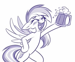 Size: 803x658 | Tagged: safe, artist:sorcerushorserus, imported from derpibooru, rainbow dash, pegasus, pony, bipedal, cider, cider dash, cute, dashabetes, drunk, drunker dash, eyes closed, female, go home you're drunk, grayscale, happy, hoof hold, mare, monochrome, mug, open mouth, open smile, simple background, smiling, solo, white background