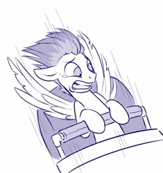 Size: 652x695 | Tagged: safe, artist:sorcerushorserus, imported from derpibooru, flash sentry, pegasus, pony, grayscale, gritted teeth, male, monochrome, roller coaster, simple background, solo, stallion, teary eyes, white background, windswept mane