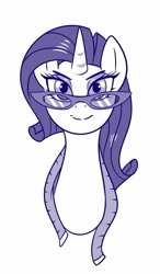 Size: 446x764 | Tagged: safe, artist:sorcerushorserus, imported from derpibooru, rarity, pony, unicorn, bust, female, glasses, looking at you, mare, measuring tape, monochrome, simple background, solo, white background