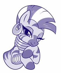Size: 534x638 | Tagged: safe, artist:sorcerushorserus, imported from derpibooru, zecora, pony, zebra, cute, female, hoof on chin, looking at you, mare, monochrome, one eye closed, simple background, solo, white background, wink, zecorable