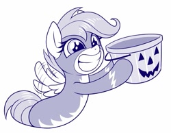 Size: 809x628 | Tagged: safe, artist:sorcerushorserus, imported from derpibooru, scootaloo, pegasus, pony, art, clothes, cute, cutealoo, female, filly, flapping wings, grin, halloween, holiday, hoof hold, monochrome, pumpkin bucket, simple background, smiling, solo, uniform, white background, wings, wonderbolts uniform