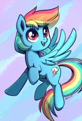Size: 570x844 | Tagged: safe, artist:sorcerushorserus, imported from derpibooru, rainbow dash, pegasus, pony, abstract background, cute, dashabetes, female, flying, mare, sky, solo
