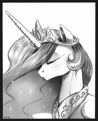 Size: 608x745 | Tagged: safe, artist:sorcerushorserus, imported from derpibooru, princess celestia, alicorn, pony, black and white, bust, eyes closed, female, grayscale, mare, monochrome, portrait, profile, simple background, solo, white background
