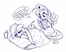 Size: 741x589 | Tagged: safe, artist:sorcerushorserus, imported from derpibooru, angel bunny, fluttershy, rainbow dash, pegasus, pony, blanket, caring for the sick, female, grayscale, hat, lineart, mare, monochrome, nurse, nurse hat, onomatopoeia, pillow, reading, sick, sleeping, smiling, sound effects, speech bubble, zzz