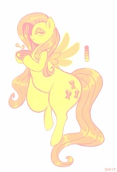 Size: 585x859 | Tagged: safe, artist:sorcerushorserus, imported from derpibooru, fluttershy, semi-anthro, color palette, eyes closed, female, hoof hold, limited palette, mug, simple background, solo, thighs, thunder thighs, white background, wide hips