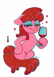 Size: 667x945 | Tagged: safe, artist:sorcerushorserus, imported from derpibooru, berry punch, berryshine, pony, alcohol, color palette, dexterous hooves, drunk, drunk bubbles, female, glass, hoof hold, hoof on hip, limited palette, simple background, solo, white background, wine, wine glass