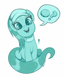 Size: 781x931 | Tagged: safe, artist:sorcerushorserus, imported from derpibooru, lotus blossom, earth pony, pony, cucumber, female, food, looking at you, mare, monochrome, pictogram, question mark, simple background, sitting, smiling, solo, speech bubble, white background