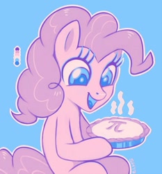 Size: 769x824 | Tagged: safe, artist:sorcerushorserus, imported from derpibooru, pinkie pie, earth pony, pony, blue background, color palette, female, food, happy, hoof hold, limited palette, mare, outline, pi day, pie, pun, simple background, solo