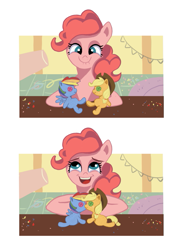 Size: 601x825 | Tagged: safe, artist:camaleao, imported from derpibooru, applejack, pinkie pie, rainbow dash, earth pony, pony, appledash, cute, doll, female, kissing, lesbian, mare, now kiss, pinkie being pinkie, plushie, shipper on deck, shipping, toy