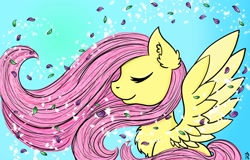 Size: 1920x1229 | Tagged: safe, artist:dawn-designs-art, imported from derpibooru, fluttershy, pegasus, pony, calm, female, leaves, petals, solo, wind, windswept mane