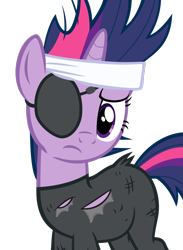 Size: 2093x2865 | Tagged: safe, artist:decompressor, imported from derpibooru, twilight sparkle, pony, unicorn, it's about time, bandana, clothes, eyepatch, female, frown, future twilight, mare, messy mane, simple background, solo, torn clothes, transparent background, unicorn twilight, vector