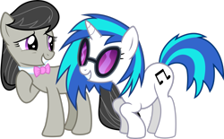 Size: 3111x1927 | Tagged: safe, artist:emedina13, imported from derpibooru, dj pon-3, octavia melody, vinyl scratch, earth pony, pony, unicorn, bow, duo, duo female, female, giggling, mare, raised hoof, simple background, smiling, sunglasses, transparent background, vector