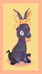 Size: 794x1385 | Tagged: safe, artist:qatsby, imported from derpibooru, oc, oc only, oc:persephone, draconequus, hybrid, baby, bow, cloven hooves, interspecies offspring, looking at you, offspring, pacifier, parent:discord, parent:twilight sparkle, parents:discolight, simple background, sitting, solo, yellow background