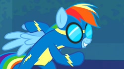 Size: 1280x720 | Tagged: safe, imported from derpibooru, screencap, rainbow dash, pegasus, pony, newbie dash, bipedal, clothes, female, goggles, mare, solo, uniform, wings, wonderbolts, wonderbolts uniform