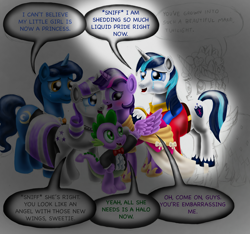 Size: 2466x2311 | Tagged: safe, artist:jac59col, imported from derpibooru, night light, princess cadance, shining armor, spike, twilight sparkle, twilight velvet, alicorn, clothes, comic, coronation dress, crying, dress, liquid pride, tears of joy, twilight sparkle (alicorn), wip