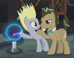 Size: 919x720 | Tagged: safe, edit, edited screencap, imported from derpibooru, screencap, derpy hooves, doctor whooves, time turner, earth pony, pegasus, pony, slice of life (episode), cropped, female, has science gone too far?, male, plasma ball, race swap, shipping fuel