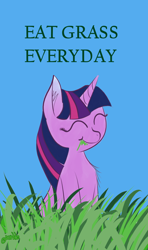 Size: 728x1228 | Tagged: safe, artist:purblehoers, imported from derpibooru, twilight sparkle, pony, unicorn, chest fluff, colored eartips, cute, ear fluff, eating, eyes closed, featured image, female, grammar error, grass, grazing, happy, herbivore, horses doing horse things, mare, outdoors, signature, simple background, sitting, smiling, solo, text, touch grass, twiabetes, unicorn twilight