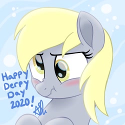 Size: 1000x1000 | Tagged: safe, artist:prince-lionel, imported from derpibooru, derpy hooves, pony, blushing, bust, cute, derpabetes, derpy day, derpy day 2020, female, portrait, scrunchy face, solo