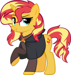 Size: 5538x5850 | Tagged: safe, artist:antone-t62newo, artist:tales-fables, imported from derpibooru, sunset shimmer, pony, unicorn, absurd resolution, cloak, clothes, female, geode of empathy, magical geodes, mare, simple background, solo, story included, transparent background, vector