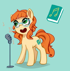 Size: 1280x1308 | Tagged: safe, artist:lilfunkman, imported from derpibooru, oc, oc only, pony, book, cutie mark, eighth note, freckles, glasses, microphone, music notes, simple background, singing, solo