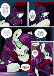 Size: 2480x3508 | Tagged: safe, artist:dsana, imported from derpibooru, fizzlepop berrytwist, tempest shadow, oc, oc:thistledown, earth pony, pony, unicorn, comic:a storm's lullaby, blushing, comic, crying, dialogue, female, mare