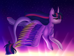 Size: 6300x4800 | Tagged: safe, artist:tomboygirl45, artist:unknownartist20, imported from derpibooru, twilight sparkle, alicorn, pony, absurd resolution, colored wings, eyes closed, female, flying, mare, multicolored wings, solo, twilight (astronomy), twilight sparkle (alicorn), wings