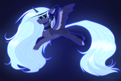 Size: 3000x2000 | Tagged: safe, artist:villjulie, imported from derpibooru, princess luna, alicorn, pony, alternate hair color, bell, bell collar, bow, chest fluff, choker, coat markings, collar, colored hooves, colored wings, cute, ear fluff, ethereal mane, female, hair bow, high res, lunabetes, mare, multicolored wings, pale belly, profile, solo, spread wings, stars, wings