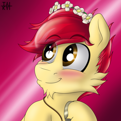 Size: 5000x5000 | Tagged: safe, artist:tai kai, imported from derpibooru, oc, oc only, oc:topas von roth, pony, blushing, bust, cheek fluff, digital art, floral head wreath, flower, male, portrait, solo, stallion