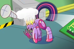 Size: 1280x850 | Tagged: safe, artist:trackheadtherobopony, imported from derpibooru, twilight sparkle, pony, robot, robot pony, bolt, decapitated, decapitation, exploding head, female, headless, malfunction, motherboard, roboticization, screw, solo, spring