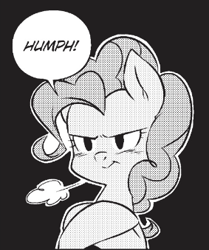 Size: 283x339 | Tagged: safe, imported from derpibooru, seven seas, pinkie pie, earth pony, pony, my little pony: the manga, my little pony: the manga volume 2, spoiler:manga, spoiler:manga2, black and white, black background, female, grayscale, mare, monochrome, onomatopoeia, pinkie pie is not amused, simple background, solo, speech bubble, unamused, wind