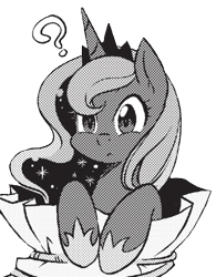 Size: 421x539 | Tagged: safe, edit, editor:childofthenight, imported from derpibooru, seven seas, princess luna, alicorn, pony, my little pony: the manga, my little pony: the manga volume 2, spoiler:manga, spoiler:manga2, confused, cute, female, grayscale, mare, monochrome, question mark, simple background, solo, transparent background