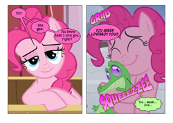 Size: 868x621 | Tagged: safe, artist:dziadek1990, edit, edited screencap, imported from derpibooru, screencap, gummy, pinkie pie, bait and switch, comic, conversation, cute, dialogue, diapinkes, fourth wall, hape, hug, looking at you, lucky bastard, onomatopoeia, screencap comic, slice of life, sound effects, squeezing, text