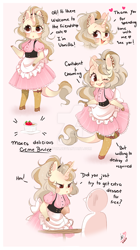 Size: 800x1428 | Tagged: safe, artist:ipun, imported from derpibooru, oc, oc only, oc:vanilla, anthro, unguligrade anthro, unicorn, anthro oc, apron, arm hooves, chibi, clothes, creme brulee (food), deviantart watermark, dress, female, friendship cafe, heart, maid, mare, obtrusive watermark, solo, watermark