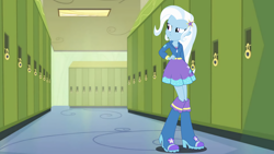 Size: 1920x1080 | Tagged: safe, edit, editor:astroboy84, imported from derpibooru, trixie, equestria girls, canterlot high, clothes, female, lockers, school, skirt, solo, vector