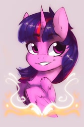 Size: 1191x1780 | Tagged: safe, artist:falafeljake, imported from derpibooru, twilight sparkle, alicorn, pony, bust, chest fluff, cute, female, gray background, mare, portrait, simple background, smiling, solo, twiabetes, twilight sparkle (alicorn)